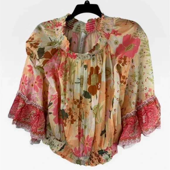 Aratta Silent Journey Daisy Floral Ruffled Cotton Blouse Off The Shoulder Large - Picture 6 of 14